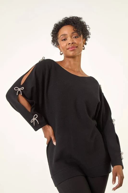 Roman Womens Petite Bow Trim Sleeve Knit Jumper in Black Size: 16 Black Female 16