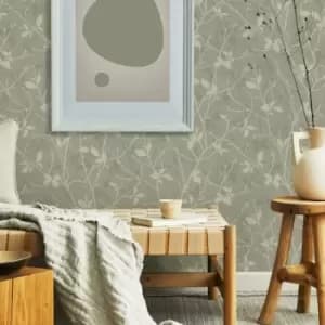 Boutique - Belle Geometric Sage Green Wallpaper - White