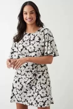 Mono Floral Keyhole Angel Sleeve Mini Dress