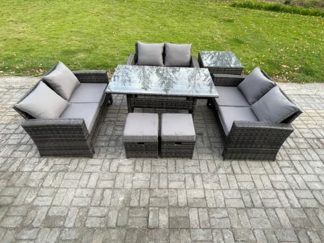 Fimous Wicker PE Rattan Garden Furniture Sets Outdoor Lounge Sofa Set with Oblong Dining Table Double Seat Sofa Side Table in Dark Grey Dark Grey Unis