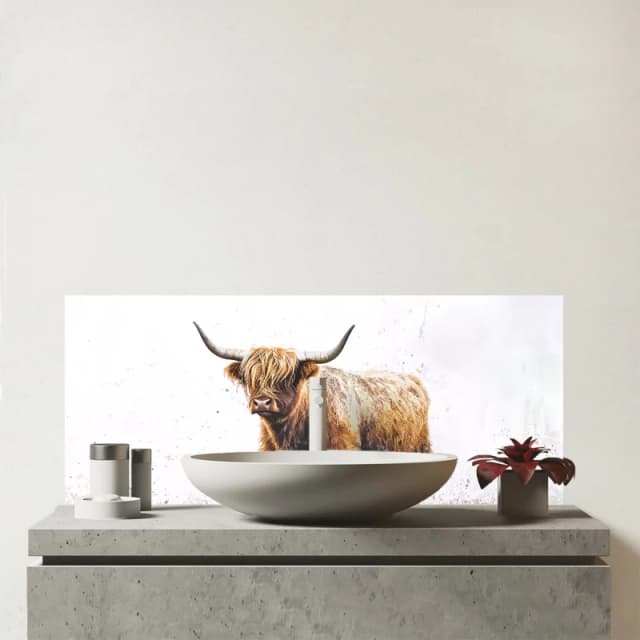 Warren Reed - Designer Highland Cow Watercolour Glass Bathroom Splashback in Brown Brown Unisex