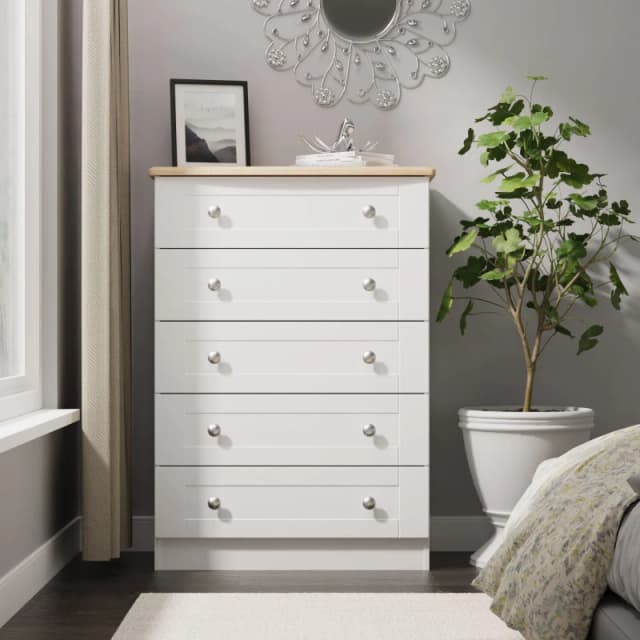 Welcome Furniture Ready Assembled Sussex 5 Drawer Chest In White Ash & Bardolino Oak, White SUS012WABO