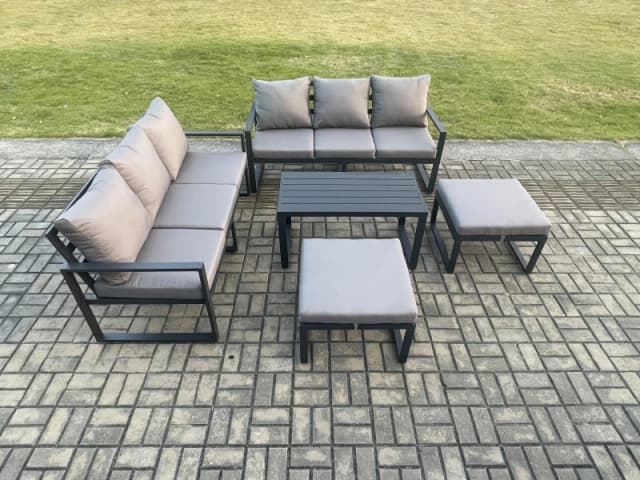 Fimous Aluminium Patio Outdoor Garden Furniture Lounge Sofa Set with Oblong Coffee Table 2 Big Footstools Dark Grey Dark Grey Unisex