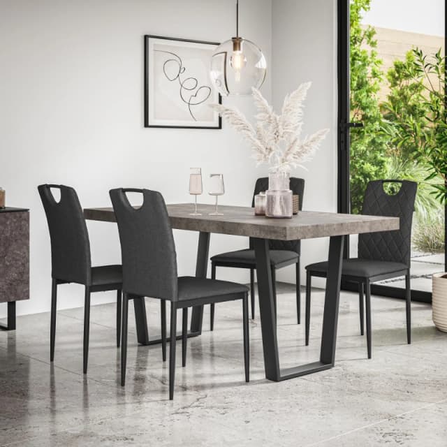 More4Homes Aria Dining Table And Chairs - Concrete Effect Table Top W Black Legs + Monza Linen Dining Chair Set Of 4 (Charcoal)