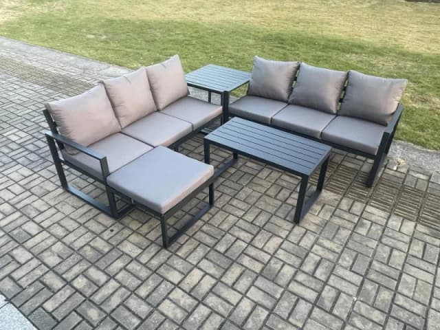 Fimous Aluminium 5 Pieces Outdoor Garden Furniture Lounge Sofa Set with Oblong Coffee Table Big Footstool Side Table Dark Grey Dark Grey Unisex