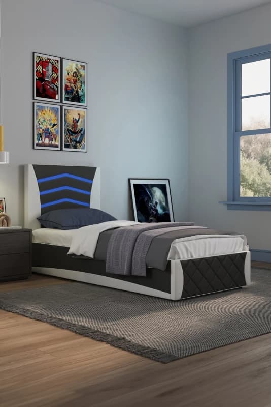 Slumberworx Galaxy Ottoman Storage LED Lights Headboard Gaming Faux Leather Single Bed Frame - Black And White, Black 5055744836113