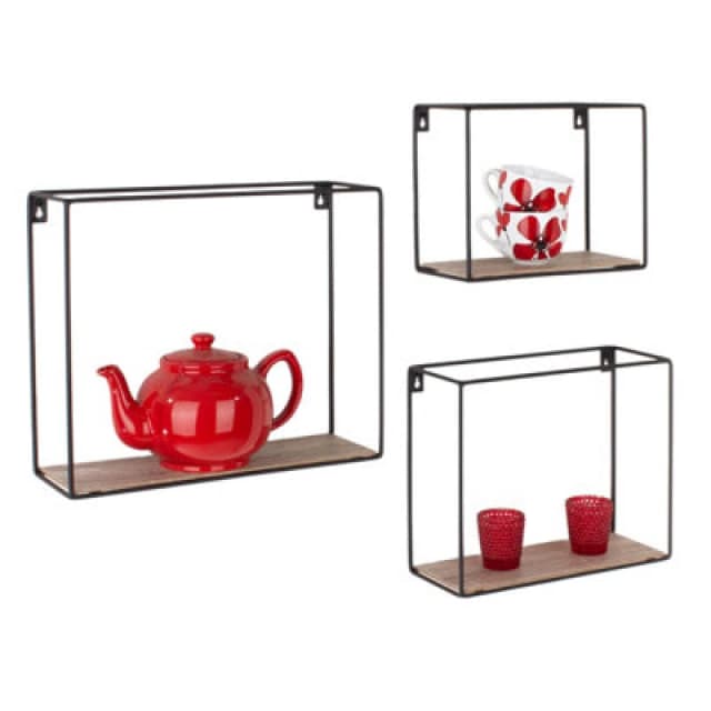 Core Products Loft Rectangular Set Of 3 Display Wall Shelf Set - Black Metal And Wood Effect