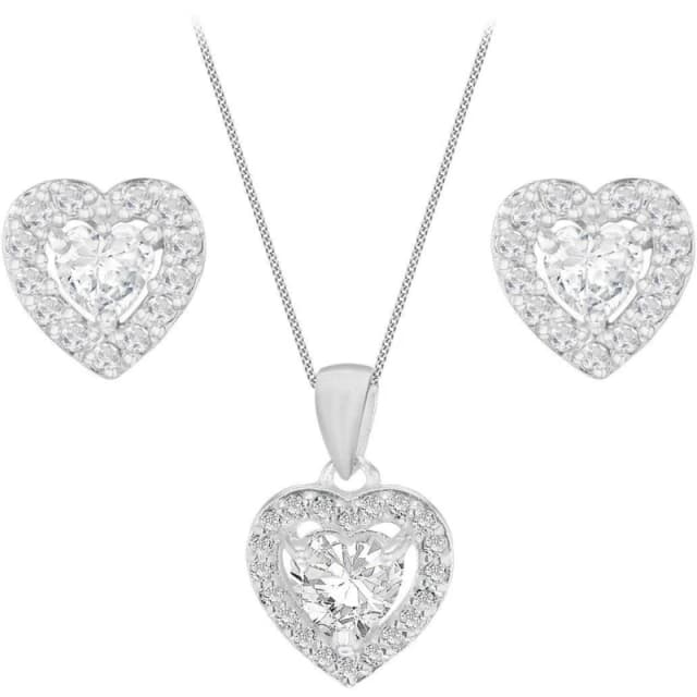 Be You Silver CZ Heart Earrings & Necklace Set Silver female 18inch