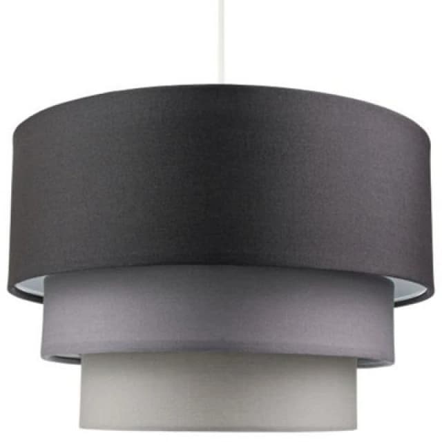 Happy Homewares Contemporary Round Triple Tier Soft Grey Cotton Fabric Pendant Light Shade