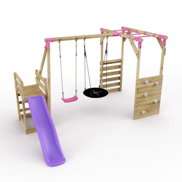Rebo Wooden Swing Set with Nest Swing, Monkey Bars and Slide - Satellite Pink Pink