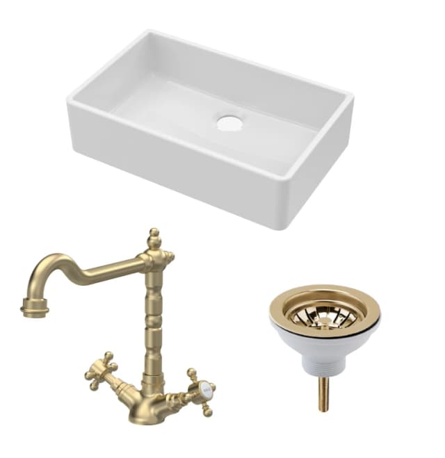Balterley Fireclay 1 Bowl Butler Sink Waste Classic Tap Brushed Brass 795mm Bronze