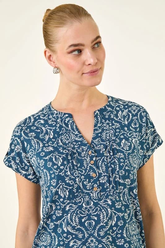 Roman Womens Abstract Print Pleat Front Top in Navy Size: 14 Navy Female 14