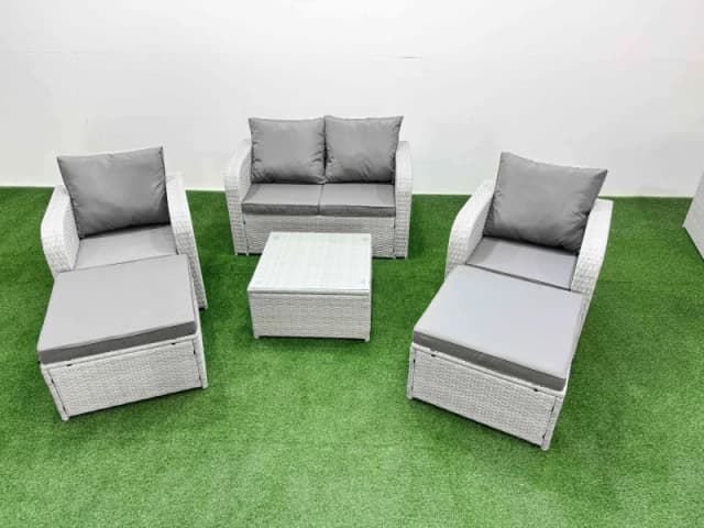 Fimous Light Grey PE Wicker Rattan Garden Furniture Set Sofa Set Reclining Adjustable Chair Square Coffee Table 6 Seater 2 Big Stools Light Grey