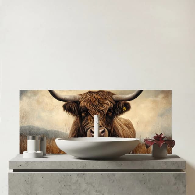 Warren Reed - Designer Bronze Effect Highland Cow Glass Bathroom Splashback in Brown Brown Unisex