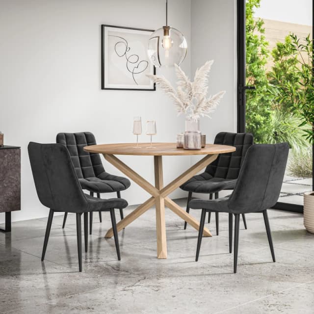 More4Homes Malvern Round Dining Table And Chairs - Oak Table Top W Solid Oak Legs + Nova Velvet Dining Chair Set Of 4 (Black)