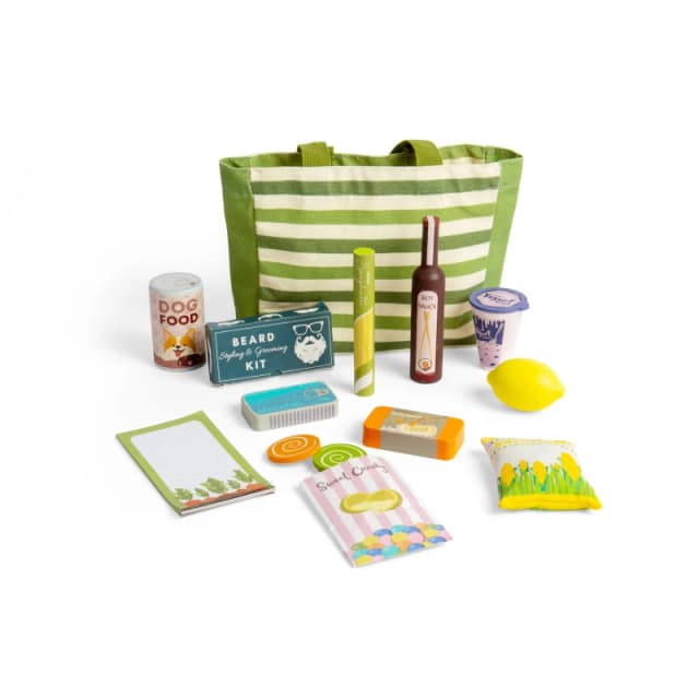 Bigjigs Toys Set da viaggio per lo shopping 17 pezzi in legno set di cibo e accessori per supermercati giochi di ruolo per bambini regali per bam