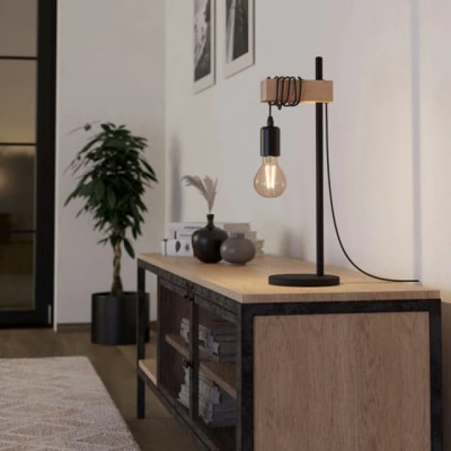 EGLO Eglo TOWNSHEND Black Metal & Natural Wood Industrial Style Table Lamp with Exposed Bulb Black One Size Unisex 9002759435158