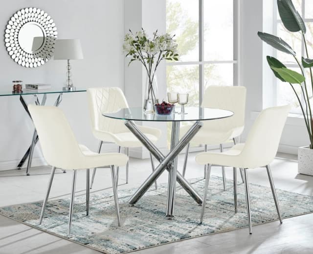 FurnitureboxUK FurnitureboxUK Selina Round Glass Chrome Leg Dining Table and Pesaro Silver Leg Chairs in Cream Size: 4 Person Cream 4 Person Unisex