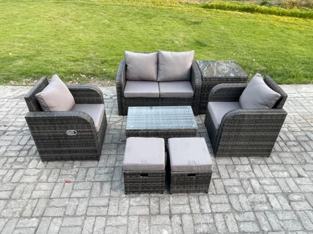 Fimous Rattan Outdoor Furniture Set Garden Love Sofa Coffee Table 2 Armchair Side Table 2 Small Footstools Dark Grey Mixed Dark Grey