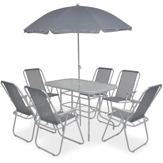 vidaXL Outdoor Dining Set 8 Piece Textilene Grey Garden Table Chairs Umbrella