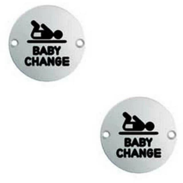 Loops 2x Bathroom Door Baby Change Sign 64mm Fixing Centres 76mm Dia Satin Steel Metallics