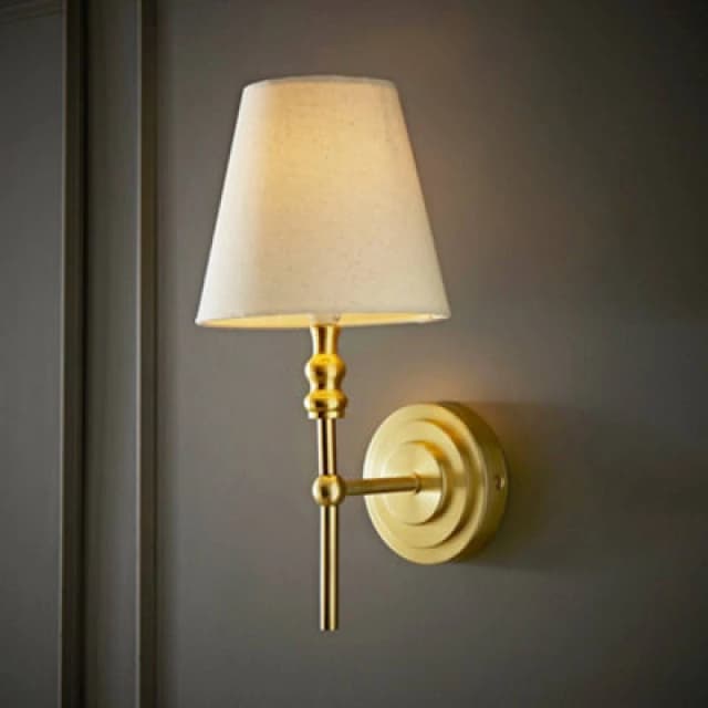 ValueLights ValueLights Maggie Candlestick Style Wall Light with Linen Tapered Lamp Shade in Gold Gold One Size Unisex 5016529273165