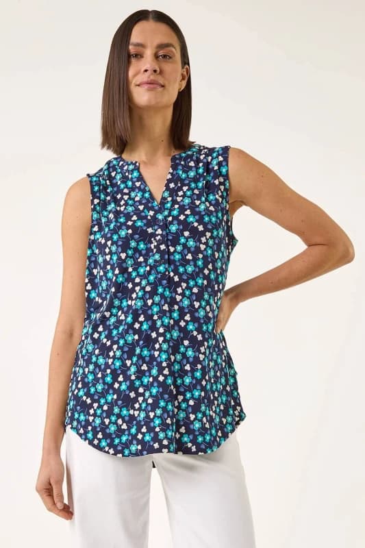 Roman Womens Floral Puff Print Vest Top in Navy Size: 16 Navy Female 16