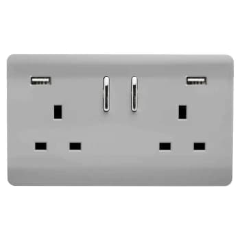 Trendi Switch 2 Gang 13Amp Double Socket & 2 USB Ports - Stainless Steel