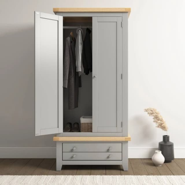 Seconique Windsor 2 Door 1 Drawer Wardrobe Pebble Grey With Oak Trim Part Assembled