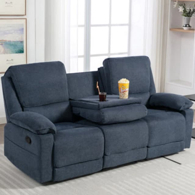 More4Homes Sydney 3 Seater Fabric Manual Recliner Sofa with Drinks Console Blue