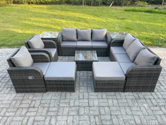 Fimous High Back Rattan Garden Furniture Set with Square Coffee Table 2 Big Footstool 2 Side Tables Indoor Outdoor Patio Lounge Sofa Set Dark Grey