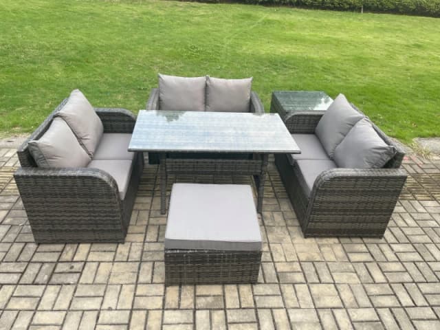 Fimous Wicker PE Rattan Sofa Outdoor Garden Furniture Set with Rectangular Dining Table Big Footstool Side Table Dark Grey Mixed Dark Grey Unisex