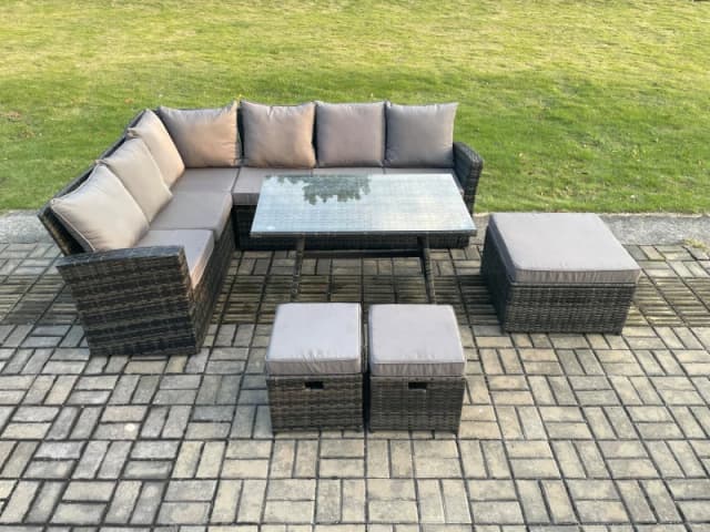 Fimous Outdoor Furniture Garden Dining Set Rattan Corner Sofa Set with Rectangular Dining Table 3 Footstools Dark Grey Mixed Dark Grey
