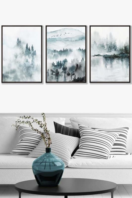 ARTZE Set of 3 Black Framed Teal Blue Abstract Forest Lake Wall Art Size: W45cm x H62cm x D20mm Teal Unisex W45cm x H62cm x D20mm