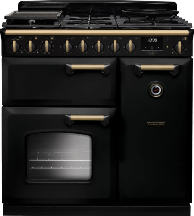 Rangemaster Classic Deluxe 90 CLDL90DFPGBL/AB1 90cm wide Dual Fuel Range Cooker with Gas Hob - Black / Antique Brass - A Rated