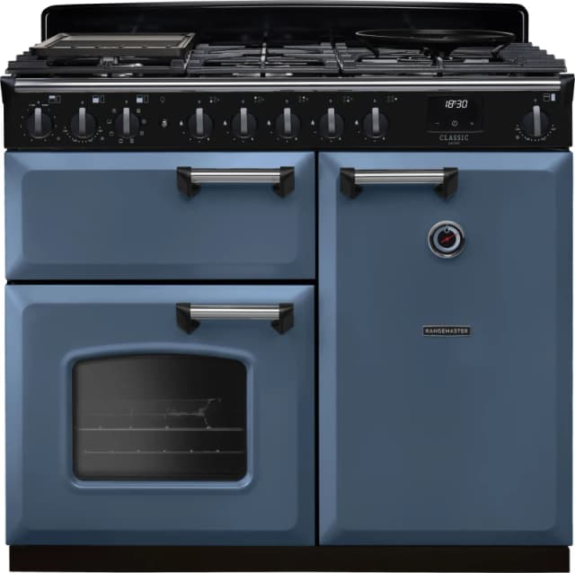 Rangemaster Classic Deluxe 100 Dual Fuel CLDL100DFPSTB/CM1 100cm wide Dual Fuel Range Cooker with Gas Hob - Stone Blue / Chrome - A/A Rated