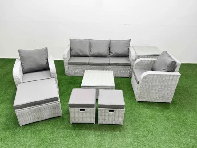 Fimous PE Rattan Garden Furniture Set Reclining Chair Sofa Lounge Sofa Set Square Coffee Table Side Table 3 Stools Light Grey Light Grey