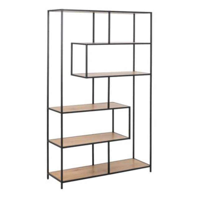 Furniture To Go Seaford Black Metal Large Asymmetrical Bookcase With 5 Oak Shelves