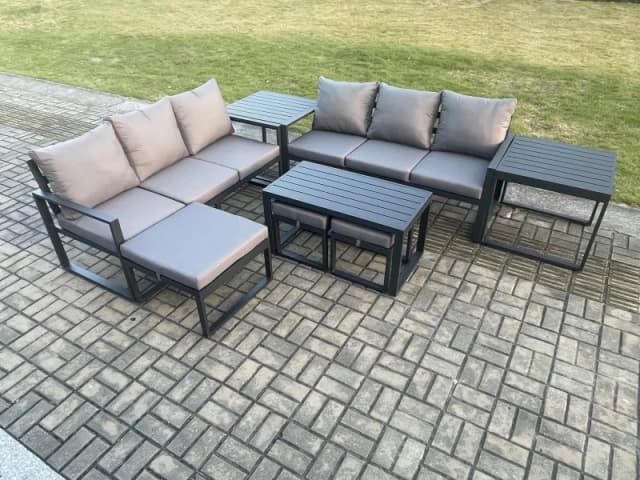 Fimous Aluminium 9 Seater Garden Furniture Outdoor Patio Sofa Set with Rectangular Coffee Table 3 Footstools 2 Side Tables Dark Grey Dark Grey Unisex