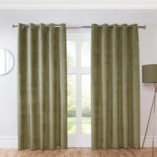 Sundour Casa Blackout Ready Made Solid Colour Eyelet Velvet Curtains Green 66X90"