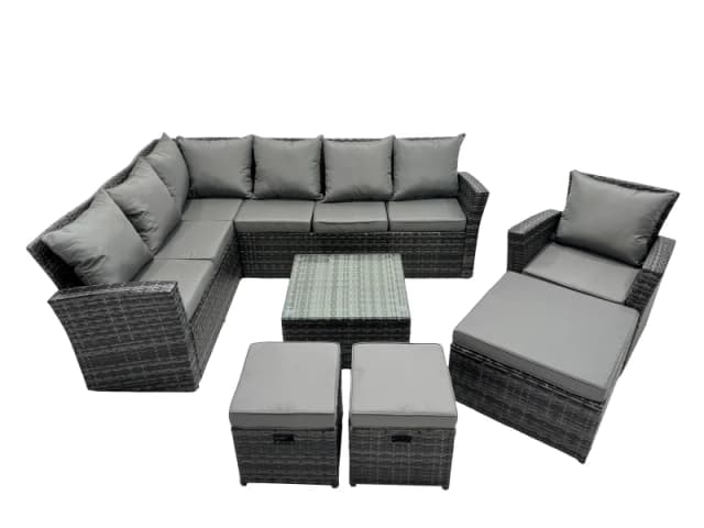 Fimous Rattan Corner Sofa Set with 3 Stool Chair for Garden Backyard in Dark Grey Dark Grey Unisex