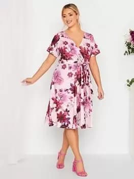 Yours Wrap Floral Skater Dress - Pink, Size 16, Women