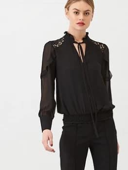 Oasis Lace Trim Pussybow Blouse, Black, Size 10, Women