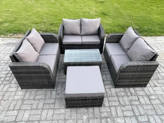 Fimous Outdoor Garden Furniture Sets 7 Seater Wicker Rattan Furniture Sofa Sets with Rectangular Coffee Table Love Sofa Big Footstool Dark Grey