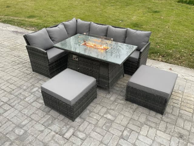 Fimous 8 Seater Rattan Garden Furniture High Back Corner Sofa Gas Fire Pit Dining Table Sets Gas Heater with 2 Big Footstool Dark Grey Mixed Dark Grey