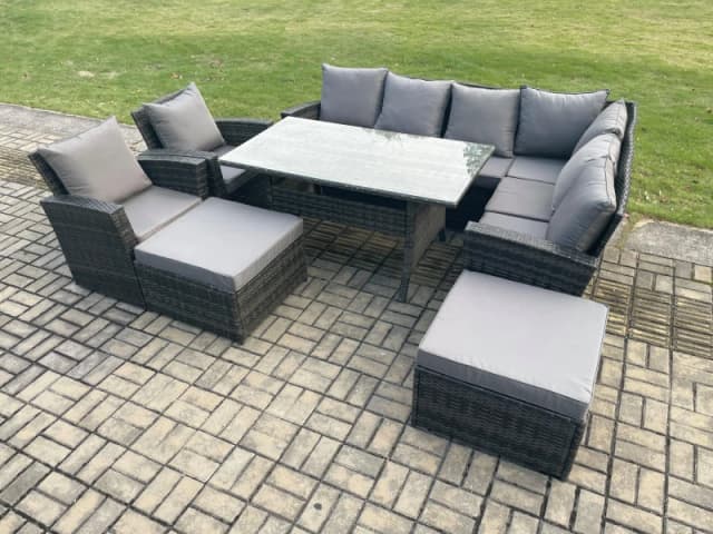 Fimous 10 Seater Garden Rattan Furniture Corner Sofa Dining Table Chair Set with 2 Big Footstool 2 Armchairs Indoor Outdoor Lounge Sofa Set Dark Grey