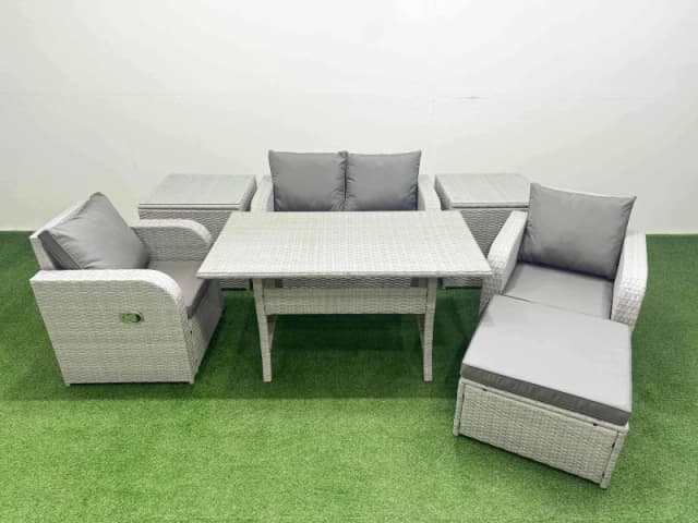 Fimous Light Grey PE Wicker Rattan Garden Furniture Set Sofa Set Reclining Chair Rectangular Dining Table 5 Seater With Footstool 2 Side Table Light G