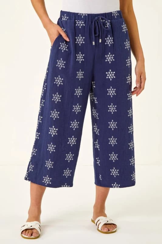 Roman Womens Petite Embroidered Cropped Trouser in Navy Size: 12 Navy Female 12