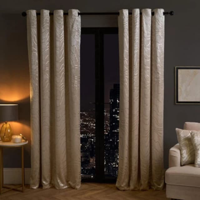 OHS OHS Velvet Eyelet Curtains Metallic Foil Wave Pair of Ring Top Thermal Ready Made in Natural Size: 168cm width x 229cm drop Natural 168cm width