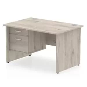 Impulse 1200 Rectangle Panel End Leg Desk Grey Oak 1 x 2 Drawer Fixed Ped